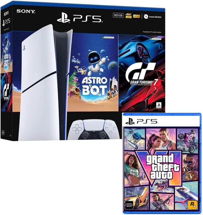 PS5 Slim Digital + GTA 6, pacote com Astro Bot e Gran Turismo 7 · GTA 6 em código na caixa · pré-venda (19/11)